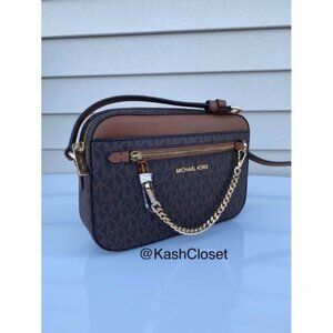 Michael Kors crossbody  large chain zip purse jet set MK signature brown